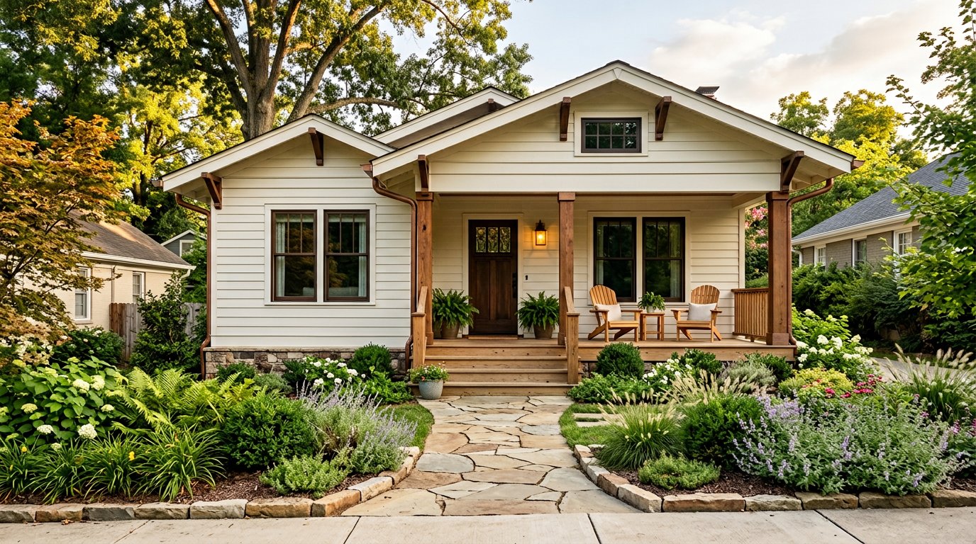 A refreshed craftsman home framed by a welcoming garden