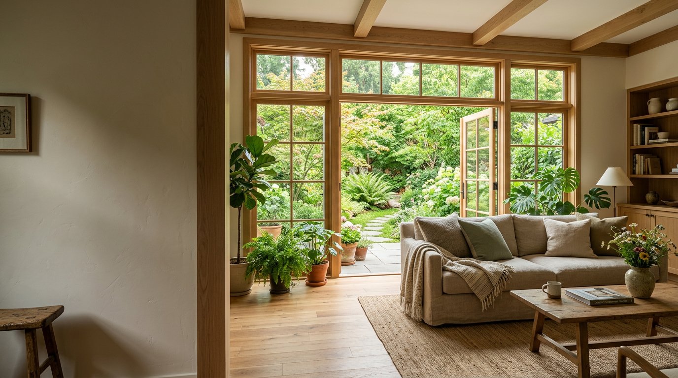 Warm, renovated living room opening onto a leafy garden