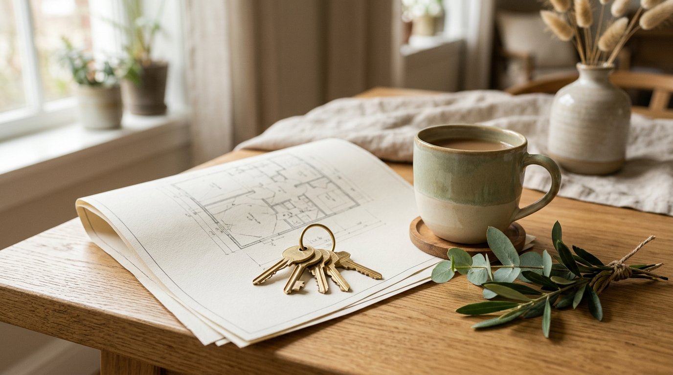 House keys and a home plan resting on a sunlit table