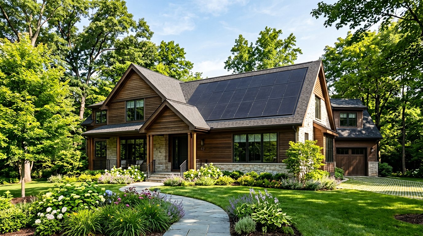 Solar panels integrated into the roof of a leafy home